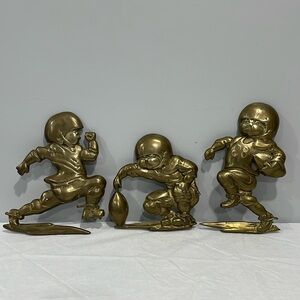 Brass Metal Kid Football Players Wall Plaques 1970's Retro Vintage Set of 3